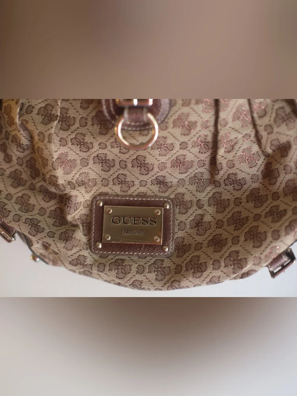 Guess Monogram Hobo Shoulder Bag Brown Canvas Faux Leather Y2K